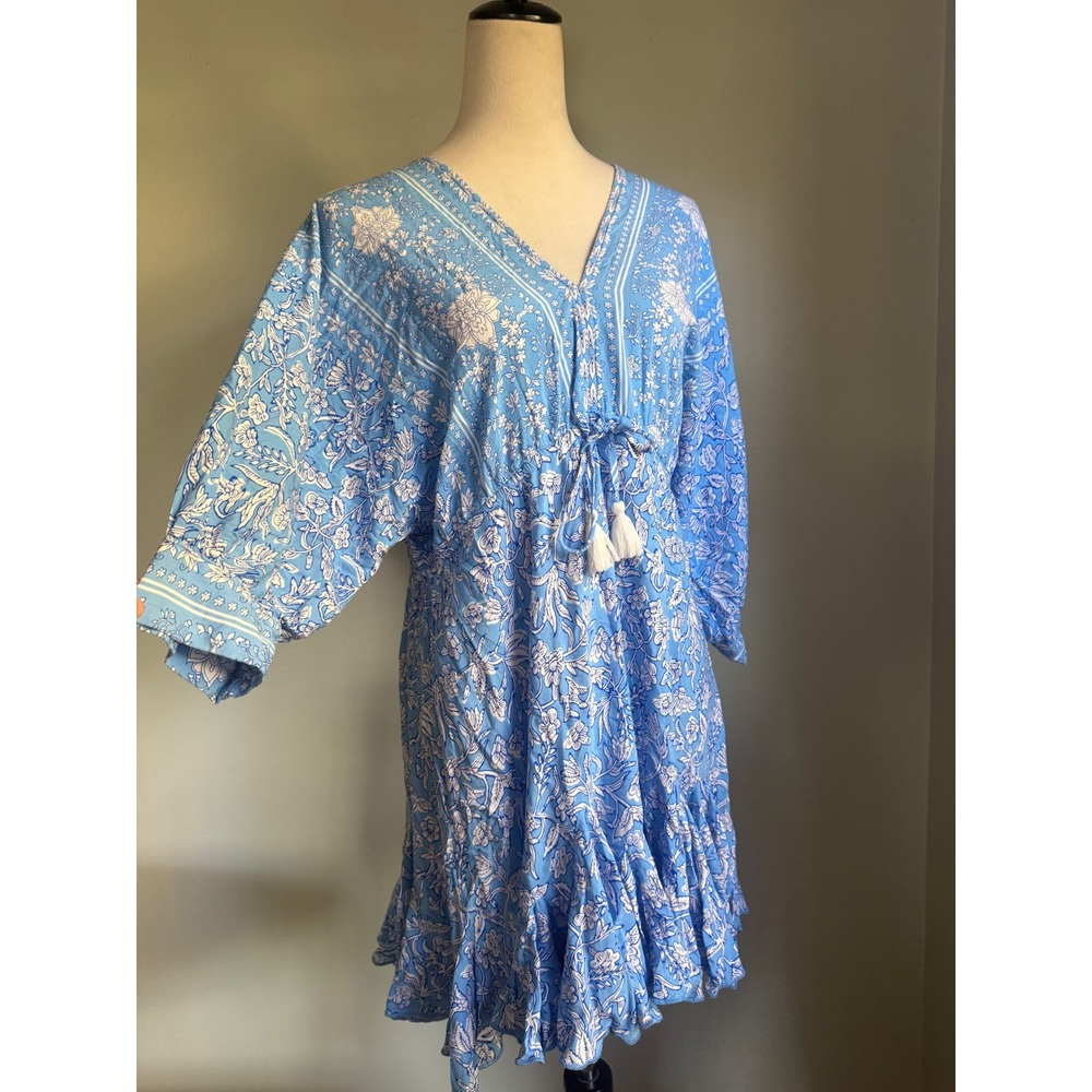 Blue Floral Boho Mini Dress V-Neck Tassel Tie Ruffle Small boho cottage resort y
